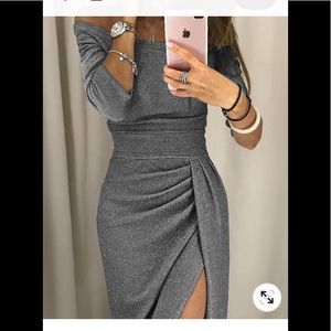 Shiny Off Shoulder Thigh Slit Party Dress